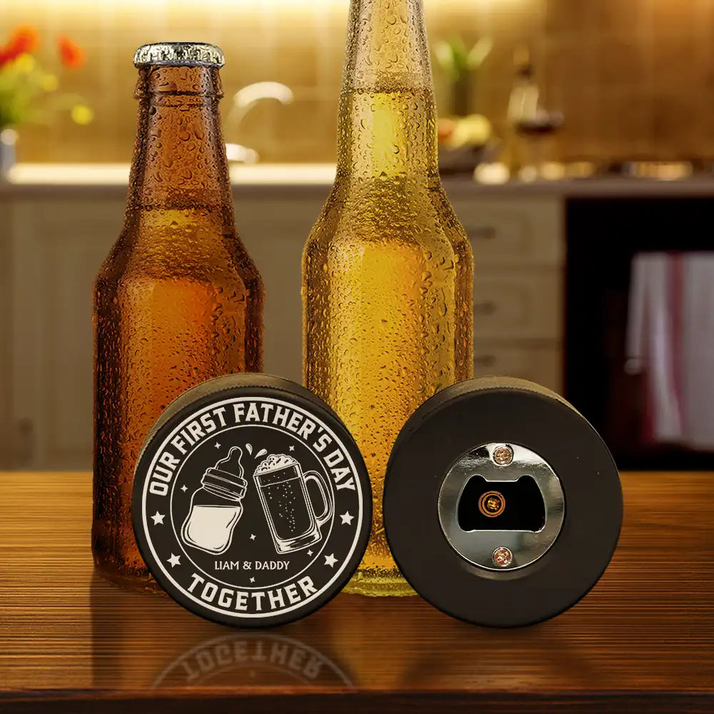 Gift For Father,New Dad,Non-Eng,Icon,Adorable - Our First Father's Day Together - Personalized Hockey Puck Bottle Opener