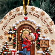 Christmas,Romantic,Gift For Couples,Vector - Our First Home - Personalized 3D Embossed Circle Ceramic Ornament