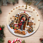 Christmas,Romantic,Gift For Couples,Vector - Our First Home - Personalized 3D Embossed Circle Ceramic Ornament