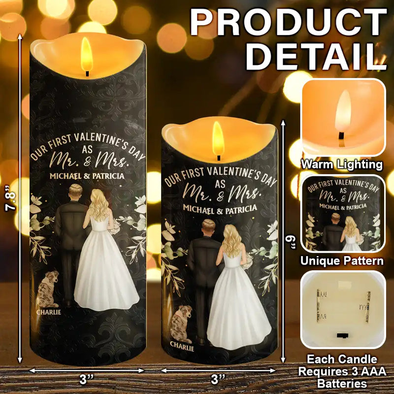Gift For Couples, Love - Our First Valentine As Mr & Mrs Wedding Couple Pet - Personalized Flameless LED Candle
