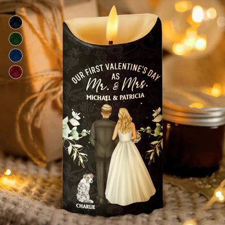 Our First Valentine As Mr & Mrs Wedding Couple Pet - Personalized Flameless LED Candle