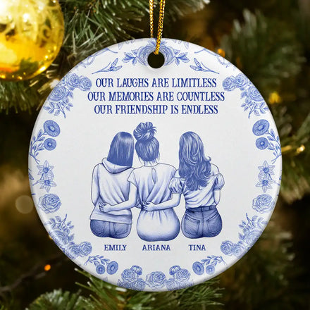 Our Laugh Are Limitless Toile De Jouy Pattern - Personalized Circle Ceramic Ornament