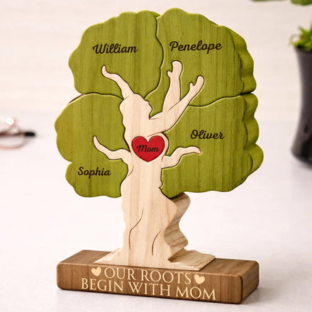 Our Roots Begin With Mom - Personalized Custom Shaped Wooden Puzzle