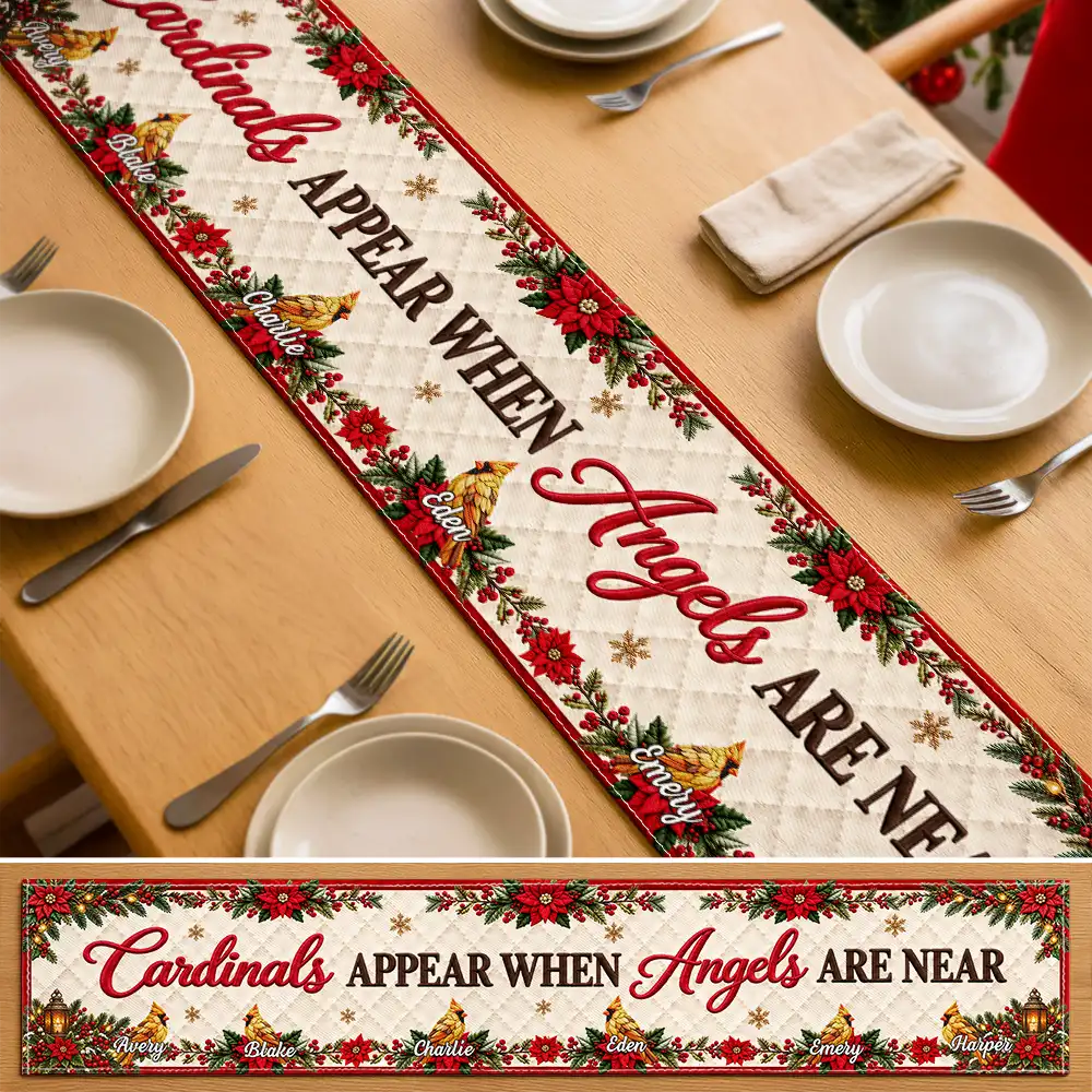 Christmas,Family,Icon,Memorial,Memorial Loved One,Sympathetic,Top Market - Christmas Memorial Gift For Family - Personalized Names Cardinals Appear When Angels Are Near Table Runner