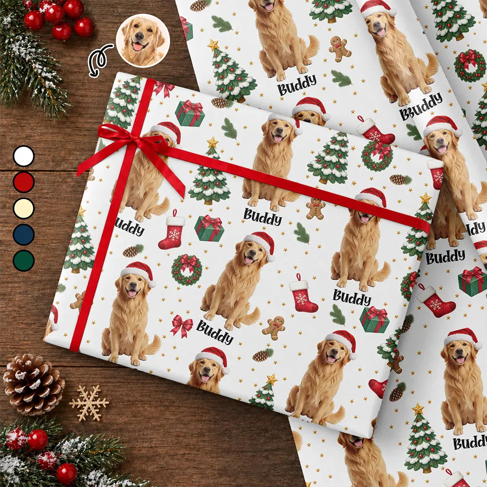 Christmas Gift For Pet Mom - Personalized Custom Photo Pet Name Festive Pattern Wrapping Paper