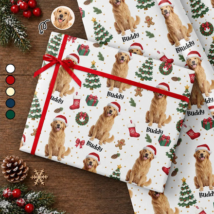Christmas Gift For Pet Mom - Personalized Custom Photo Pet Name Festive Pattern Wrapping Paper