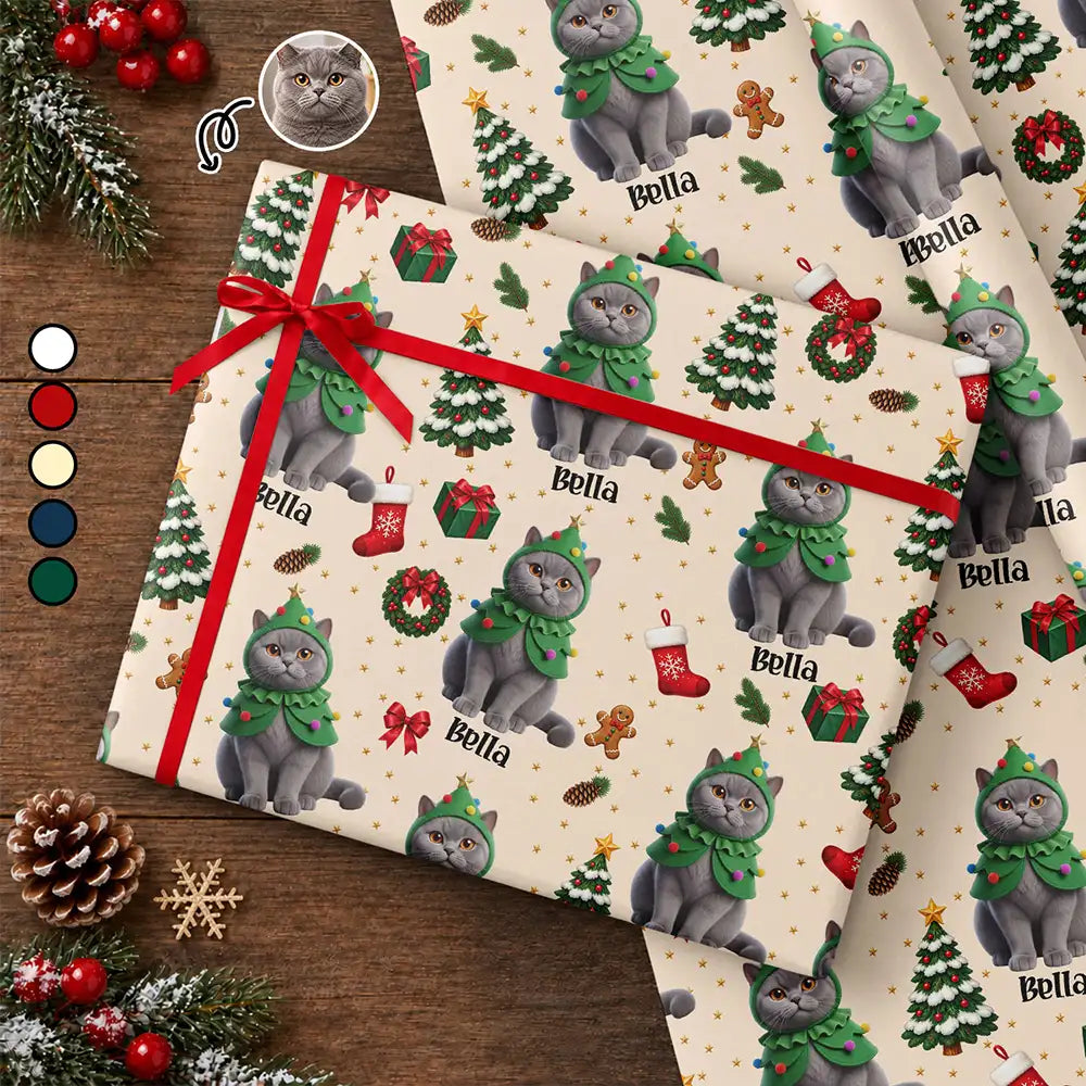 Art Design, Christmas, Custom Photo, Gift For Mother, Gifts For Her, Happy, Pet Lovers, Pet Mom, Photo - Christmas Accessories 3D Cartoon Pet - Christmas Gift For Pet Mom - Personalized Custom Photo Pet Name Festive Pattern Wrapping Paper