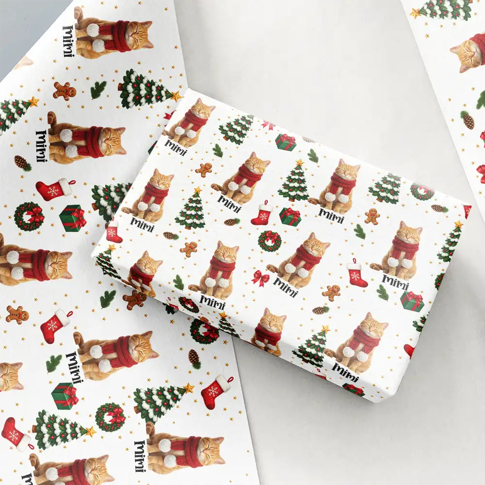 Art Design, Christmas, Custom Photo, Gift For Mother, Gifts For Her, Happy, Pet Lovers, Pet Mom, Photo - Christmas Accessories 3D Cartoon Pet - Christmas Gift For Pet Mom - Personalized Custom Photo Pet Name Festive Pattern Wrapping Paper