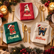 Christmas, Family, Happy, Icon - Christmas Table Decor Gift For Family - Personalized Name Santa Hat Initial Reusable Napkin