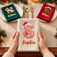 Christmas, Family, Happy, Icon - Christmas Table Decor Gift For Family - Personalized Name Santa Hat Initial Reusable Napkin