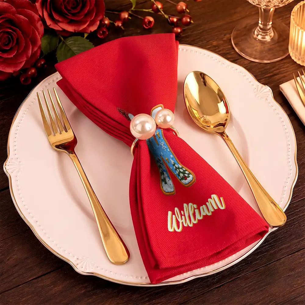 Christmas, Family, Happy, Icon - Christmas Table Decor Gift For Family - Personalized Name Santa Hat Initial Reusable Napkin