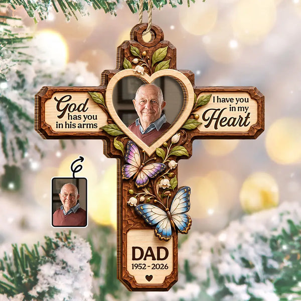 Christmas,Custom Photo,Family,Memorial,Memorial Loved One,Sympathetic,Upload Full Photo - Christmas Memorial Gift - Personalized Custom Photo God Has You In His Arms 2-Layered Wooden Ornament