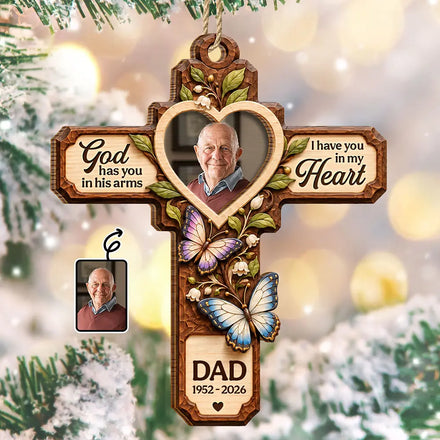 Christmas Memorial Gift - Personalized Custom Photo God Has You In His Arms 2-Layered Wooden Ornament