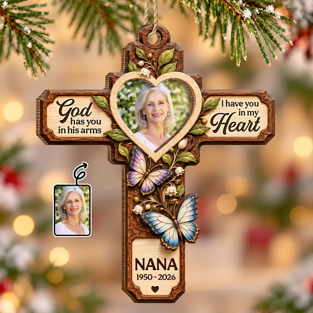 Christmas,Custom Photo,Family,Memorial,Memorial Loved One,Sympathetic,Upload Full Photo - Christmas Memorial Gift - Personalized Custom Photo God Has You In His Arms 2-Layered Wooden Ornament
