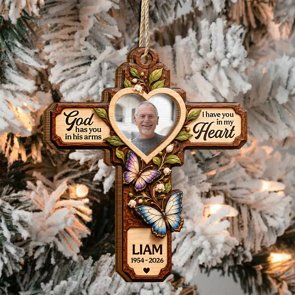 Christmas,Custom Photo,Family,Memorial,Memorial Loved One,Sympathetic,Upload Full Photo - Christmas Memorial Gift - Personalized Custom Photo God Has You In His Arms 2-Layered Wooden Ornament