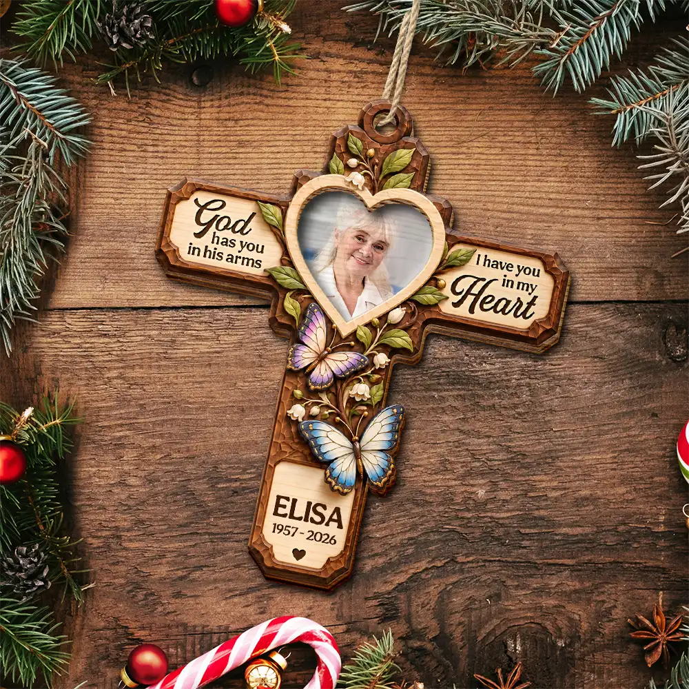 Christmas,Custom Photo,Family,Memorial,Memorial Loved One,Sympathetic,Upload Full Photo - Christmas Memorial Gift - Personalized Custom Photo God Has You In His Arms 2-Layered Wooden Ornament