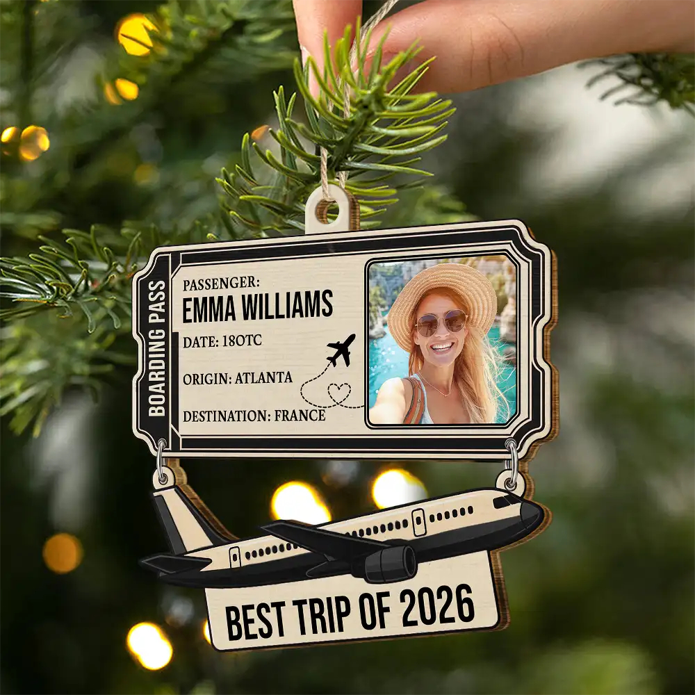Christmas,Custom Photo,Gift For Yourself,Gifts For Her,Gifts For Him,Happy,Top Market,Travel,Upload Full Photo - Gift For Travel Lovers - Personalized Custom Photo Boarding Pass Wooden Ornament
