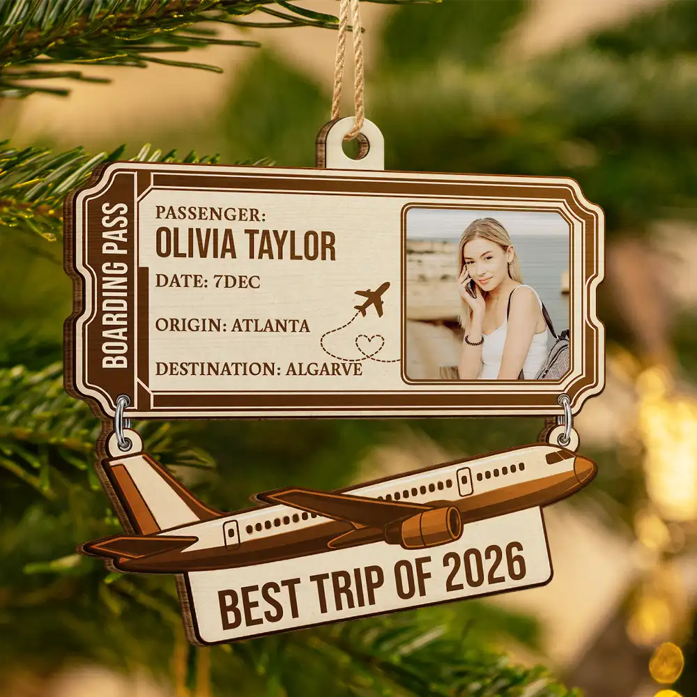 Christmas,Custom Photo,Gift For Yourself,Gifts For Her,Gifts For Him,Happy,Top Market,Travel,Upload Full Photo - Gift For Travel Lovers - Personalized Custom Photo Boarding Pass Wooden Ornament