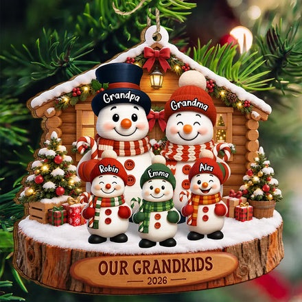 Christmas Gift For Grandparents - Personalized Snowman Grandkids Wooden Ornament