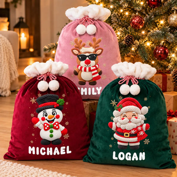 Christmas,Family,Happy,Icon-Christmas Gift For Family - Personalized Faux Chenille Effect Santa Snowman Reindeer Velvet Favor Bag