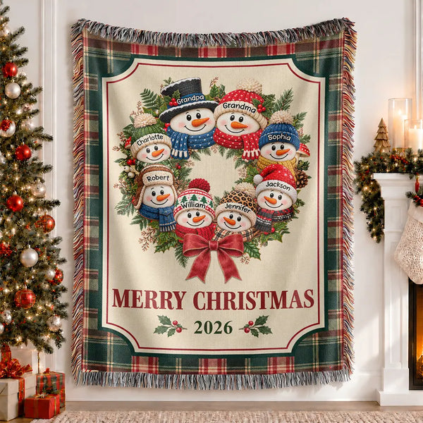 Christmas,Family,Grandparents,Happy,Icon - Christmas Decor For Grandparents - Personalized Snowman Wreath Woven Blanket