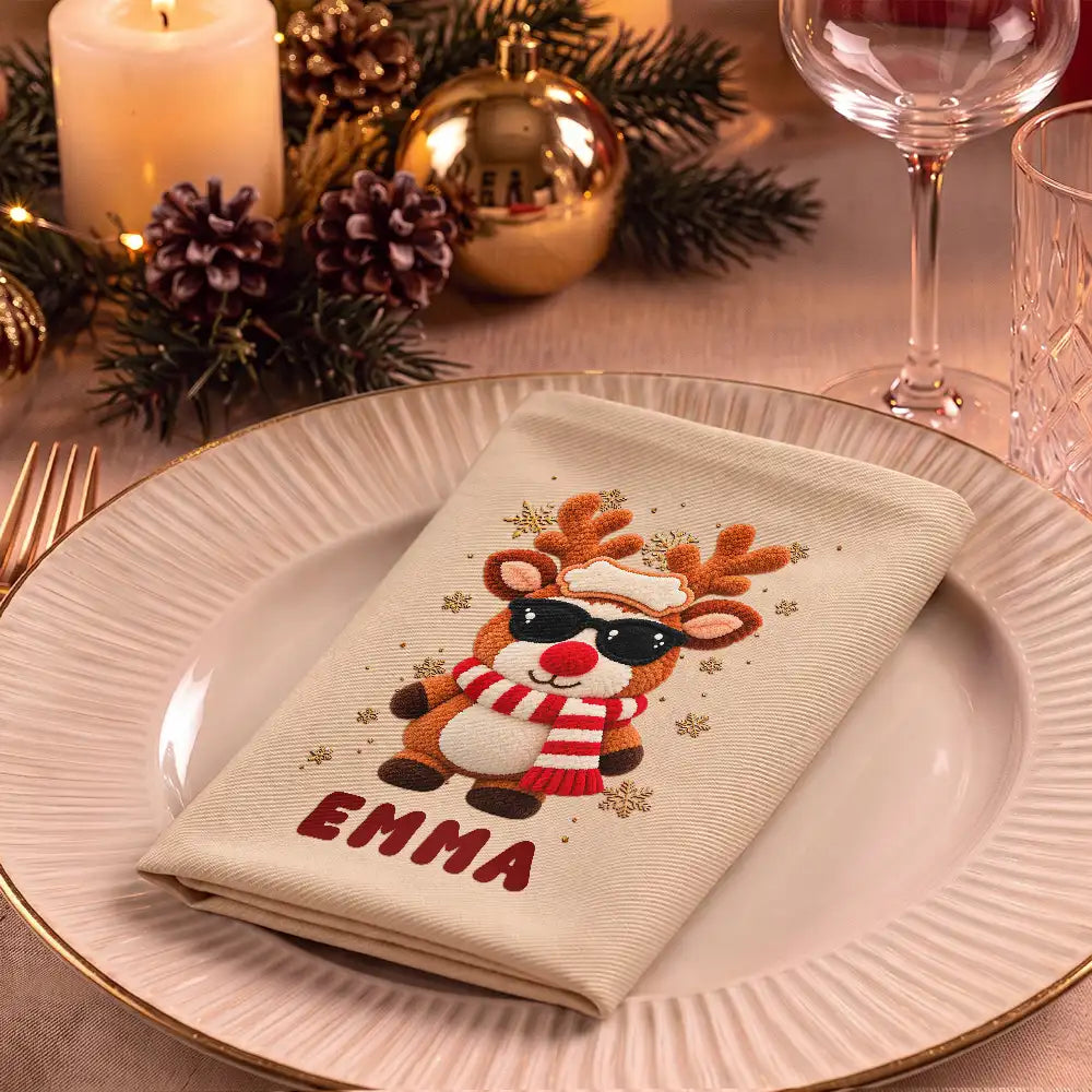 Christmas,Family,Happy,Icon - Christmas Table Decor Gift For Family - Personalized Faux Chenille Effect Santa Snowman Reindeer Reusable Napkin