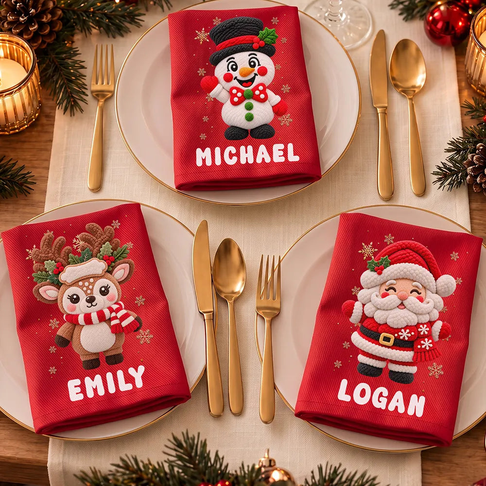 Christmas,Family,Happy,Icon - Christmas Table Decor Gift For Family - Personalized Faux Chenille Effect Santa Snowman Reindeer Reusable Napkin