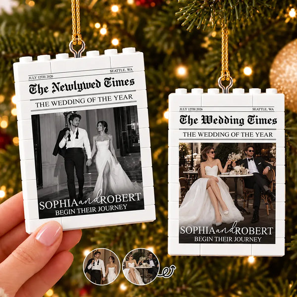 Christmas,Custom Photo,First Christmas,Gift For Couples,Married Couple,Romantic,Upload Full Photo - Christmas Gift For Married Couple - Personalized Custom Photo Newspaper Building Blocks Ornament