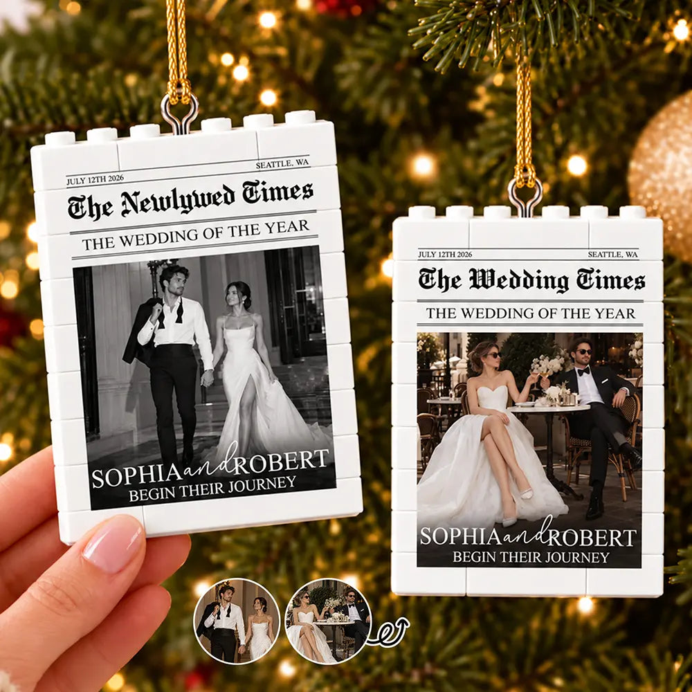 Christmas,Custom Photo,First Christmas,Gift For Couples,Married Couple,Romantic,Upload Full Photo - Christmas Gift For Married Couple - Personalized Custom Photo Newspaper Building Blocks Ornament
