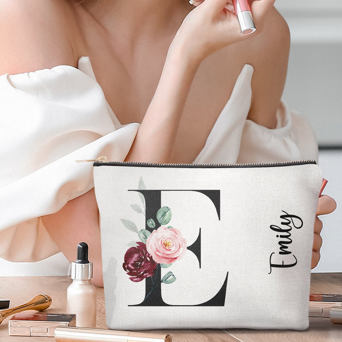 Floral Monogram - Gift For Her, Women - Personalized Cosmetic Bag