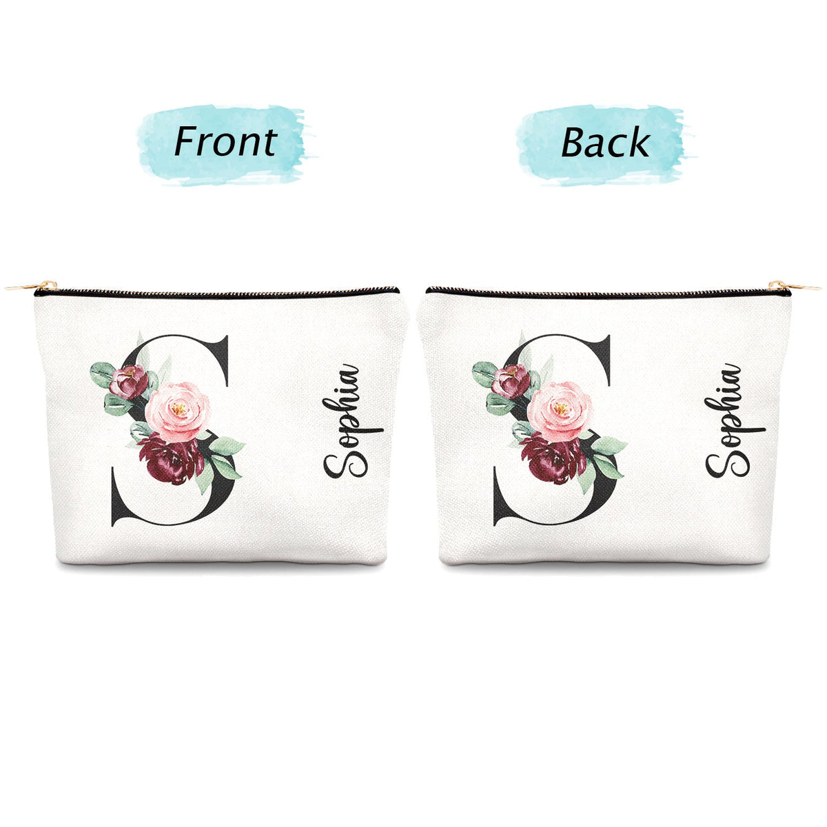 Floral Monogram - Gift For Her, Women - Personalized Cosmetic Bag