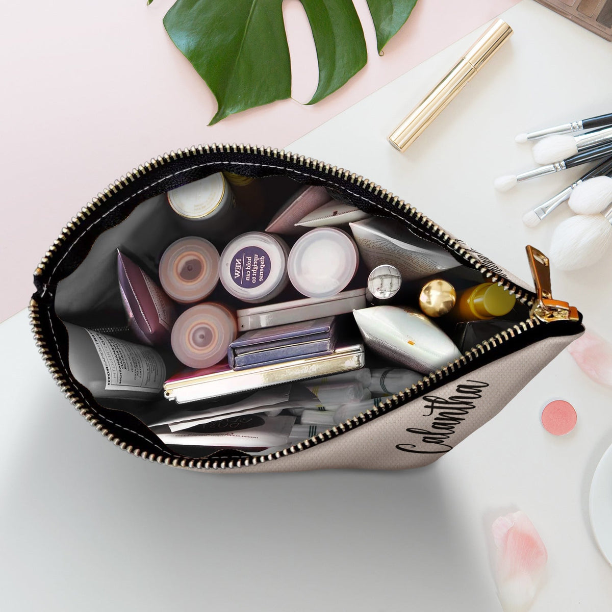 Floral Monogram - Gift For Her, Women - Personalized Cosmetic Bag