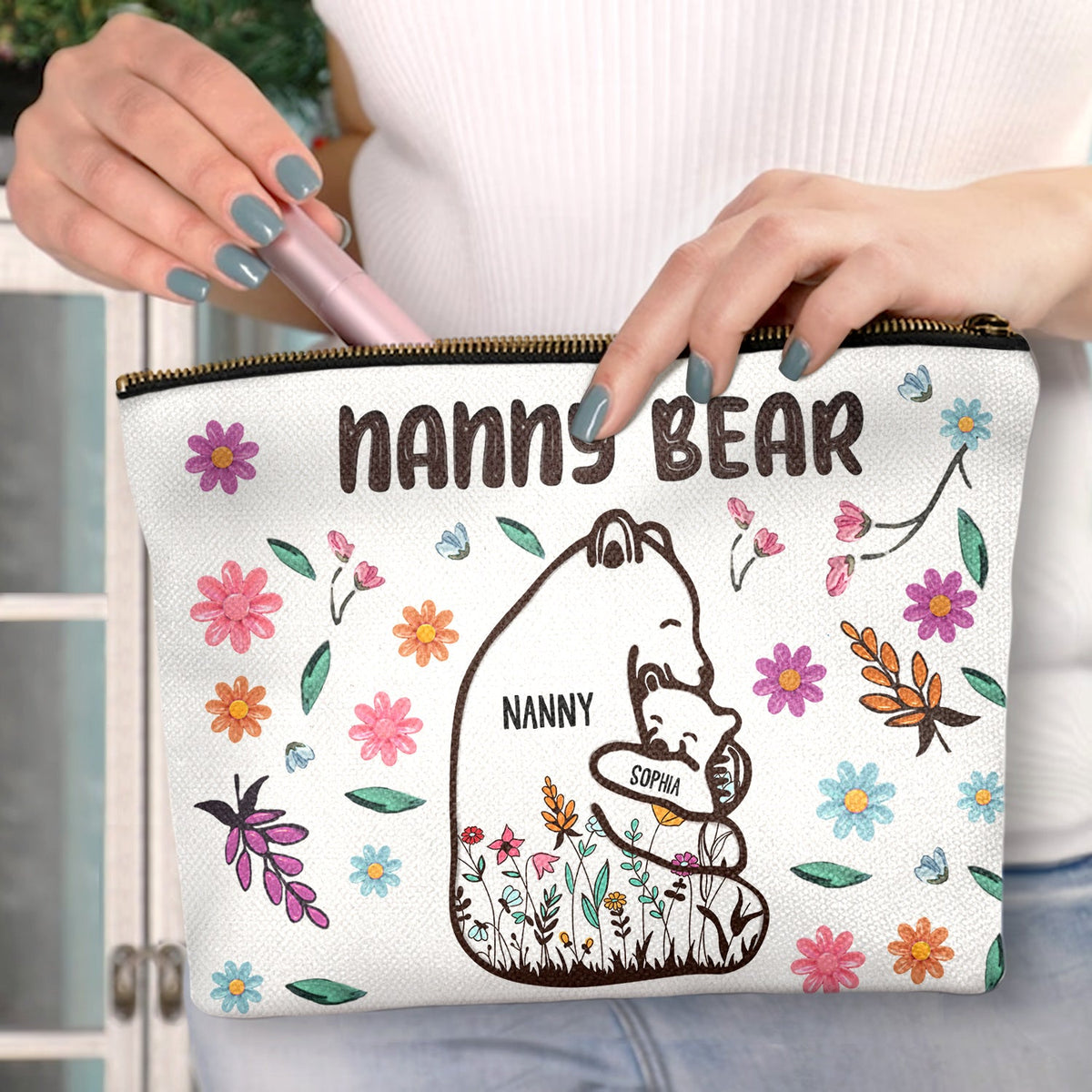 Mama Bear Floral Style - Birthday, Loving Gift For Mom, Mother, Grandma, Grandmother - Personalized Cosmetic Bag