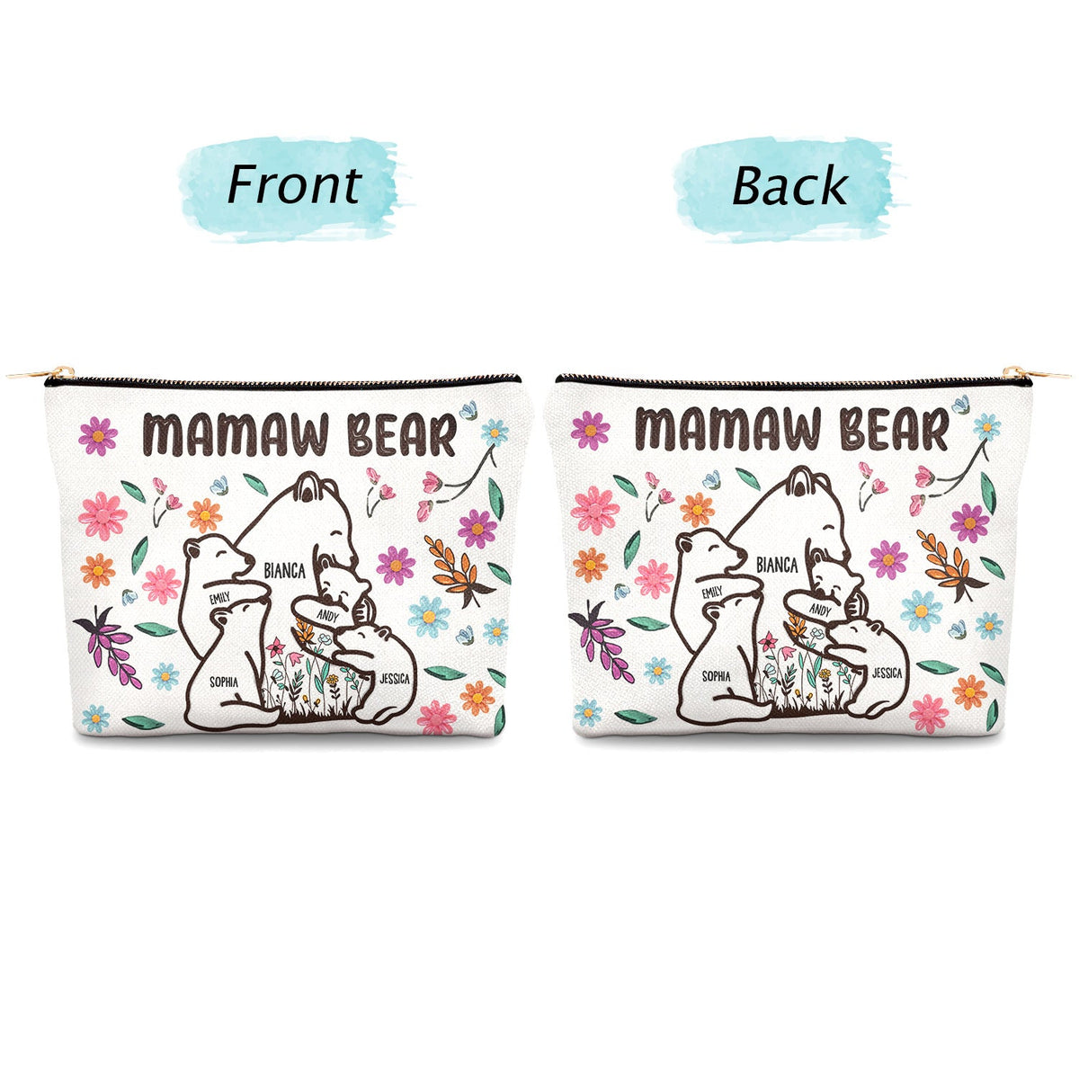 Mama Bear Floral Style - Birthday, Loving Gift For Mom, Mother, Grandma, Grandmother - Personalized Cosmetic Bag