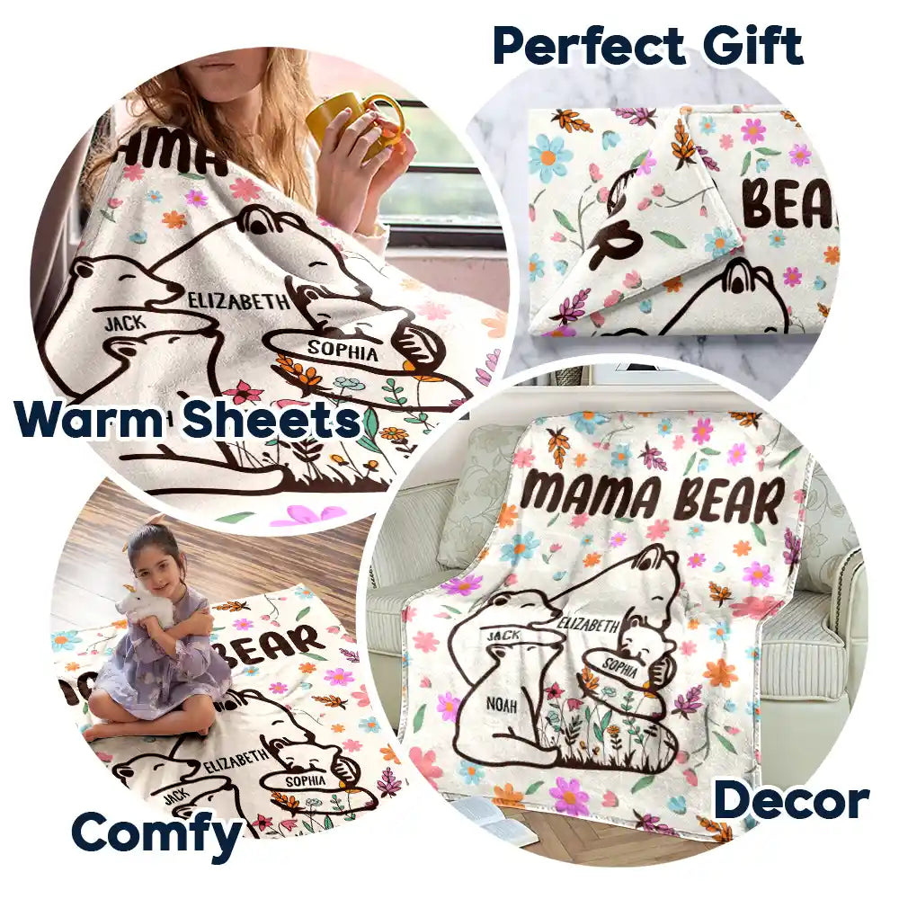 Mama Bear Floral Style - Personalized Fleece Blanket, Sherpa Blanket