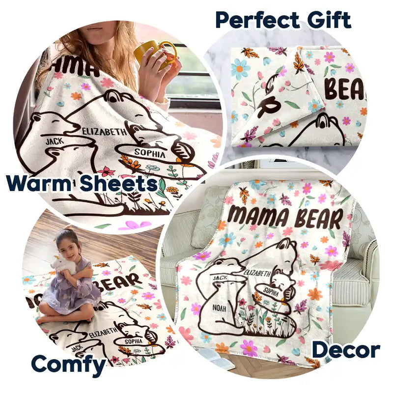 Mama Bear Floral Style - Personalized Fleece Blanket, Sherpa Blanket