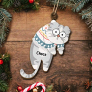 Cat Lovers - Hanging Cat Have Yourself A Meowy Christmas - Personalized Wooden Cutout Ornament