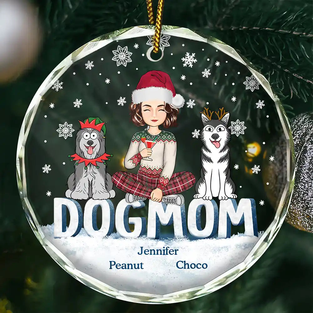 Dog Lovers,Dog Mom,Gift For Yourself,Gift For Women - Christmas Dog Mom Cartoon Style - Personalized Circle Glass Ornament