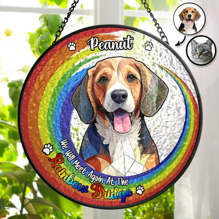 Custom Photo Portrait Dog Cat At The Rainbow Bridge Memorial - Personalized Stained Glass Window Hanging Suncatcher