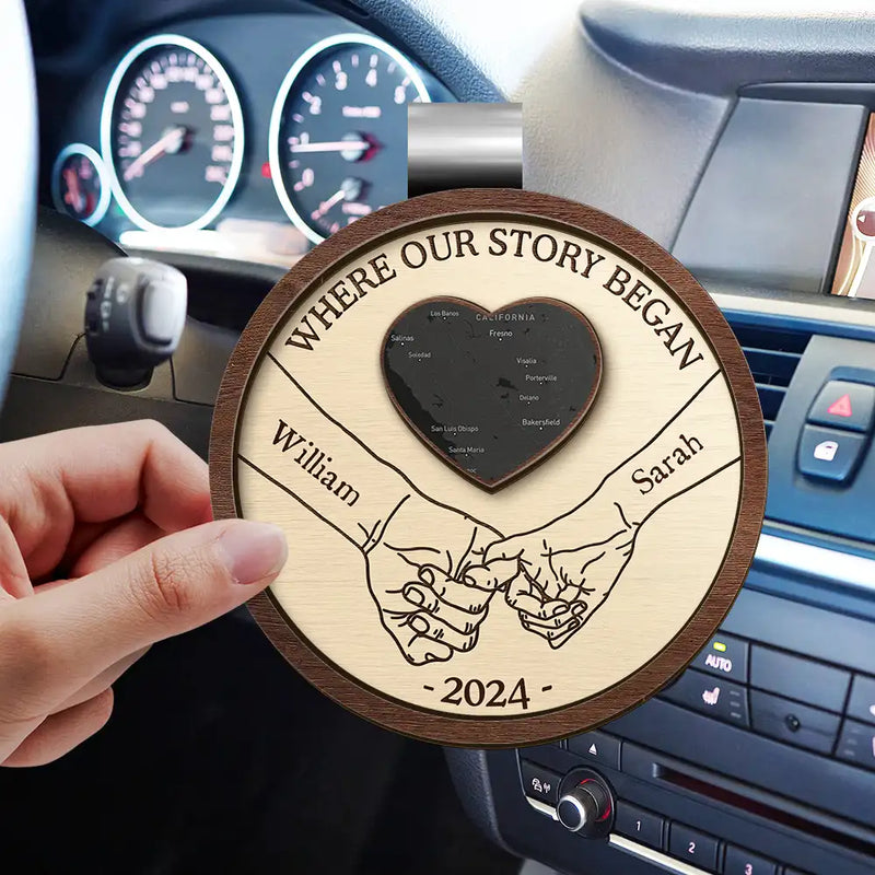 Gift For Couples, Gift For Husband, Gift For Wife, Gift For Boyfriend, Gift For Girlfriend - Location Map Where I Found My Missing Piece Couple Holding Hands - Personalized Custom Shaped Car Visor Clip