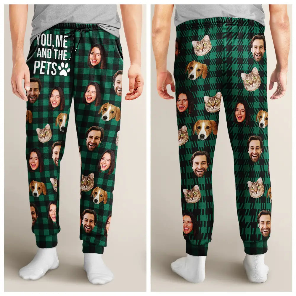 Gift For Couples, Gift For Husband, Gift For Wife, Gift For Boyfriend, Gift For Girlfriend, Pet Lovers, Dog Lovers, Cat Lovers - Custom Photo You & Me And The Dog Cat Pet Plaid Pattern - Personalized Pajama Pants
