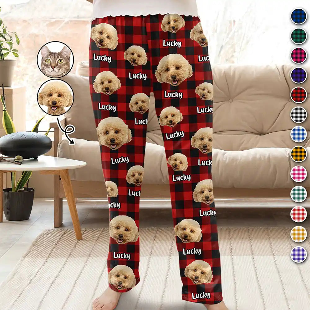 Custom Photo Funny Pet Human Face Plaid Pattern - Personalized Pajama Pants