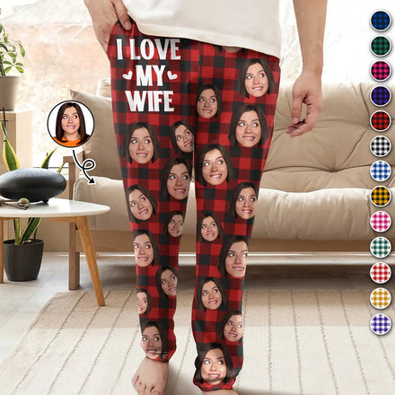 Custom Photo I Love My Wife Husband Girlfriend Boyfriend Plaid Pattern - Personalized Pajama Pants