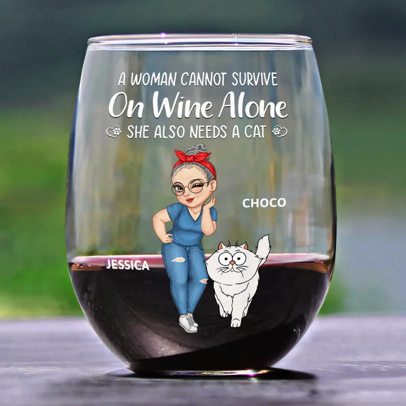 Cat Lovers,Cat Mom,Cat Dad - Turban Woman Cannot Survive On Wine Alone Cat Mom Cartoon Go Toward - Personalized Stemless Wine Glass
