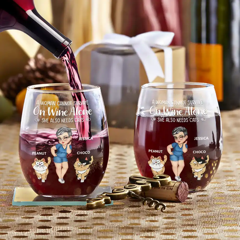 Cat Lovers,Cat Mom,Cat Dad - Turban Woman Cannot Survive On Wine Alone Cat Mom Cartoon Go Toward - Personalized Stemless Wine Glass
