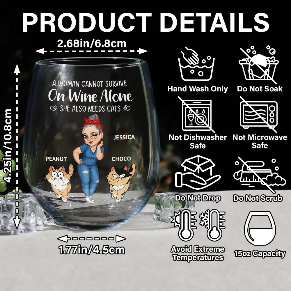 Cat Lovers,Cat Mom,Cat Dad - Turban Woman Cannot Survive On Wine Alone Cat Mom Cartoon Go Toward - Personalized Stemless Wine Glass

