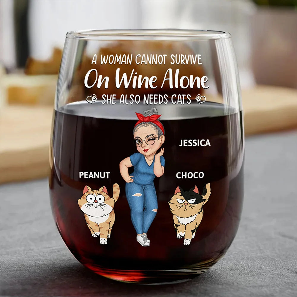 Turban Woman Cannot Survive On Wine Alone Cat Mom Cartoon Go Toward - Personalized Stemless Wine Glass