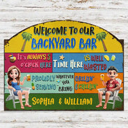 Gift For Couples,Gift For Husband,Gift For Wife,Gift For Boyfriend,Gift For Girlfriend,Patio,Grilling,Happy - 3D Effect Couple Outdoor Decor Proudly Serving Whatever You Bring - Personalised Custom Shaped Metal Sign