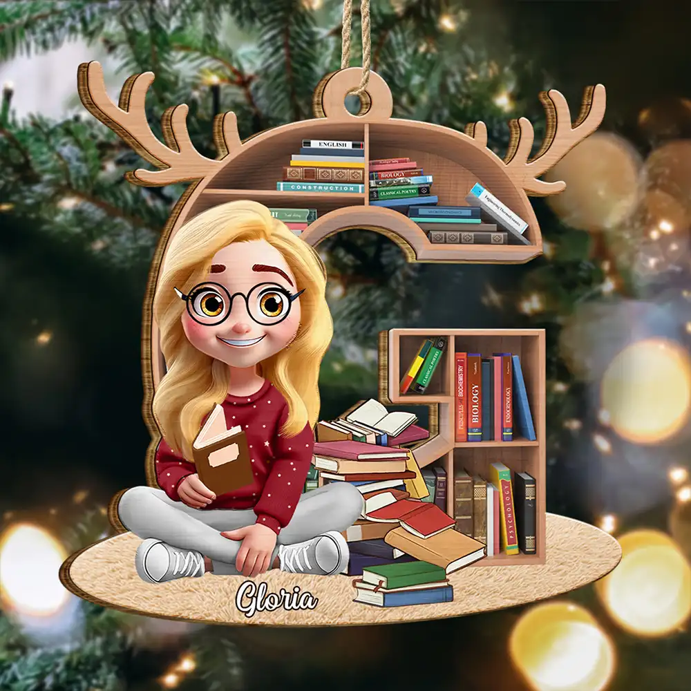 Christmas,Reading,Gift For Yourself,Gift For Women,Happy - Reading Girl Monogram Bookish Keepsake - Personalized Custom Shaped Wooden Ornament