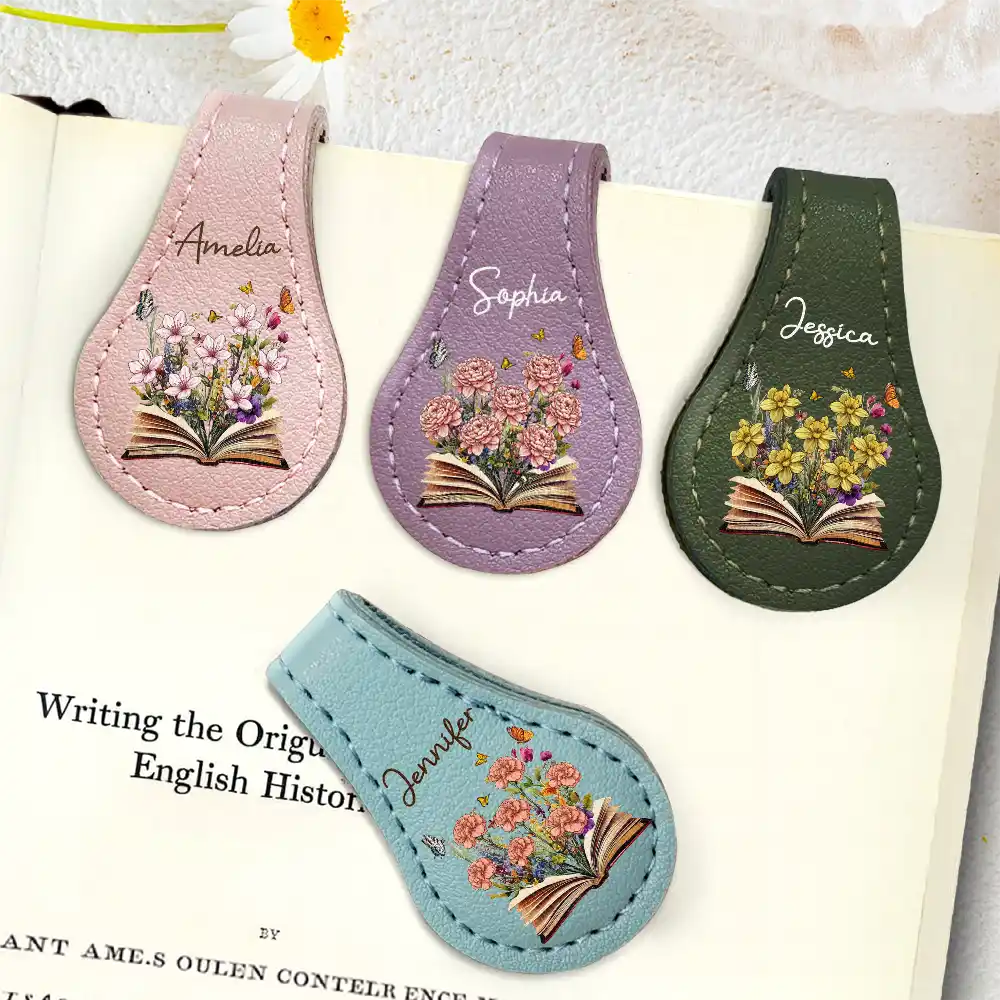 Flowers Growing From Book, Birth Month Flowers - Personalized Circle Leather Magnetic Bookmark